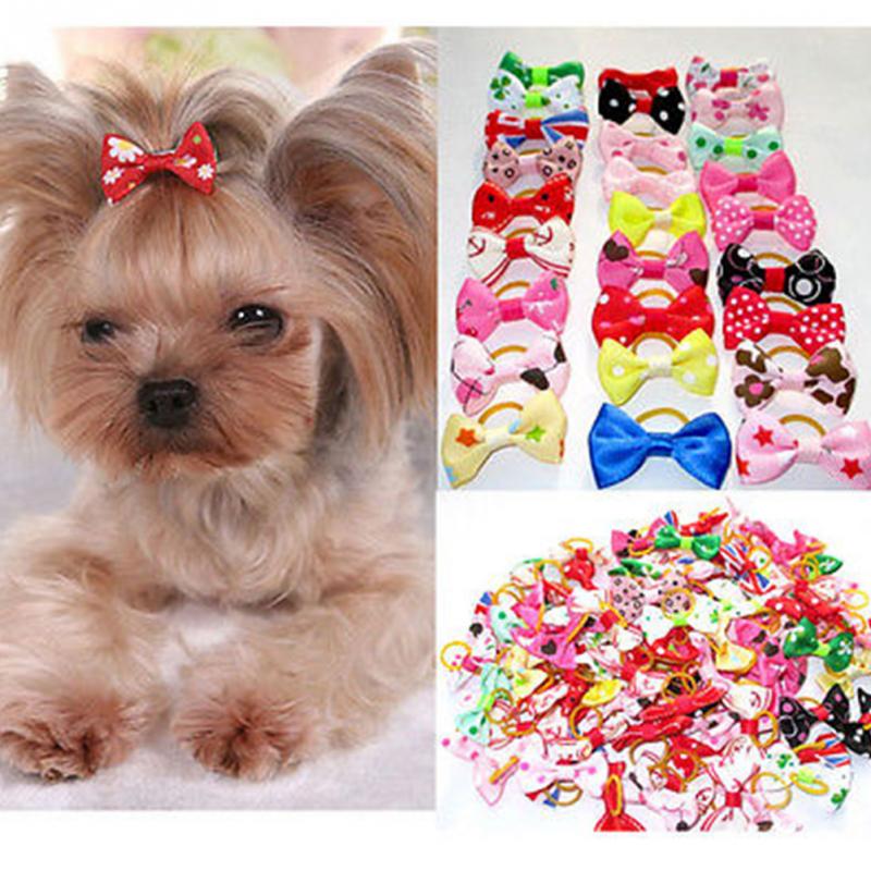 10PCS Cute Dog Rubber Band Pet Dog Bowknot Headwear Handmade Pet Grooming Accessories Mixed Ribbon Hair Bow #20