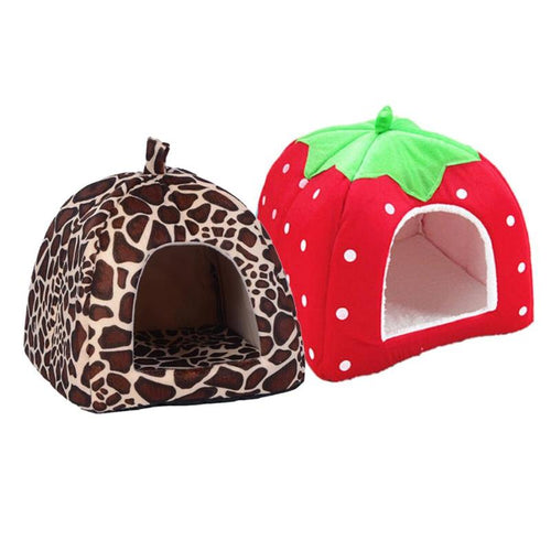 Soft Dog House Foldable Winter Warm Leopard Print Strawberry Cave Dog Bed Pet Dog House Cute Kennel Nest for Animal Cat Tent
